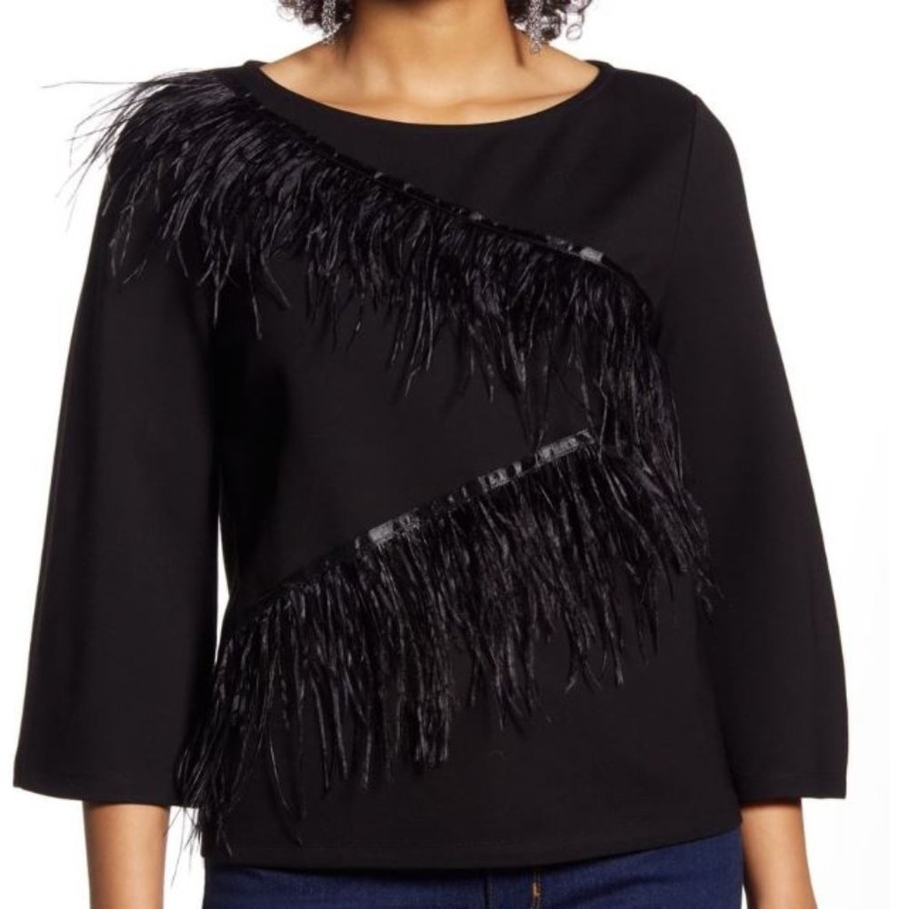 NWT Halogen Black Zig Zag Feather trim Ponte top S